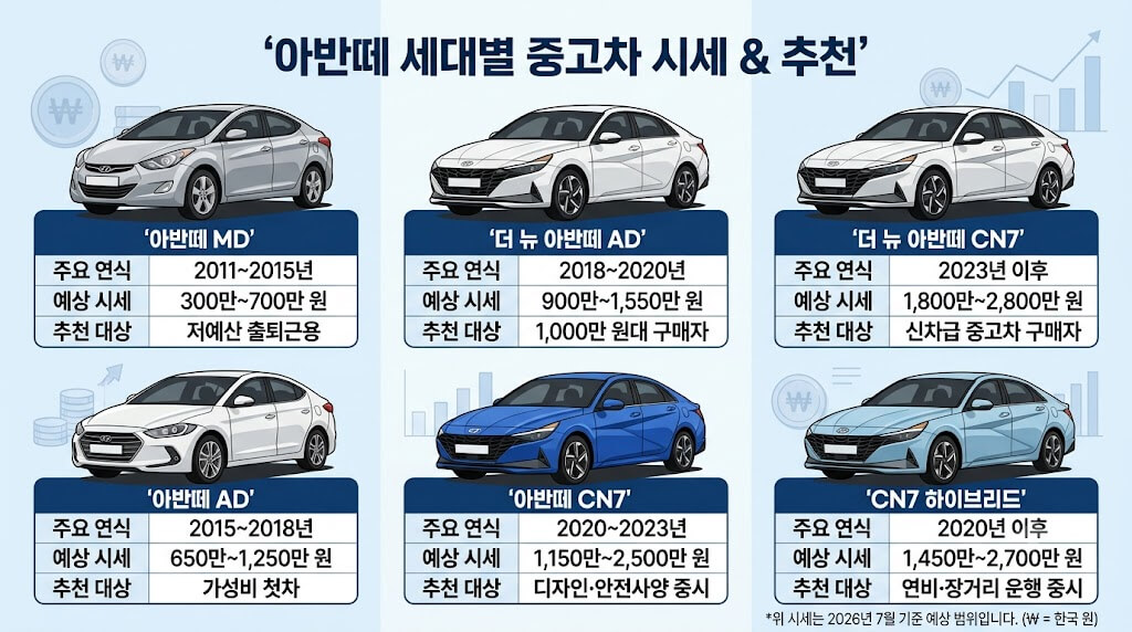 아반떼 중고차 시세표 가격정리 비교