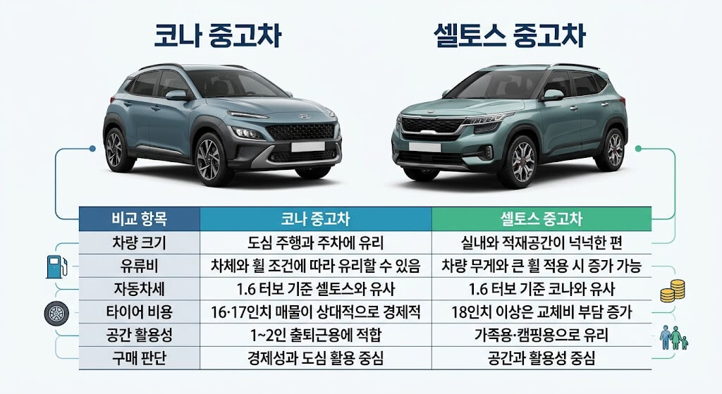 코나와 셀토스 중고차 유지비 비교하기